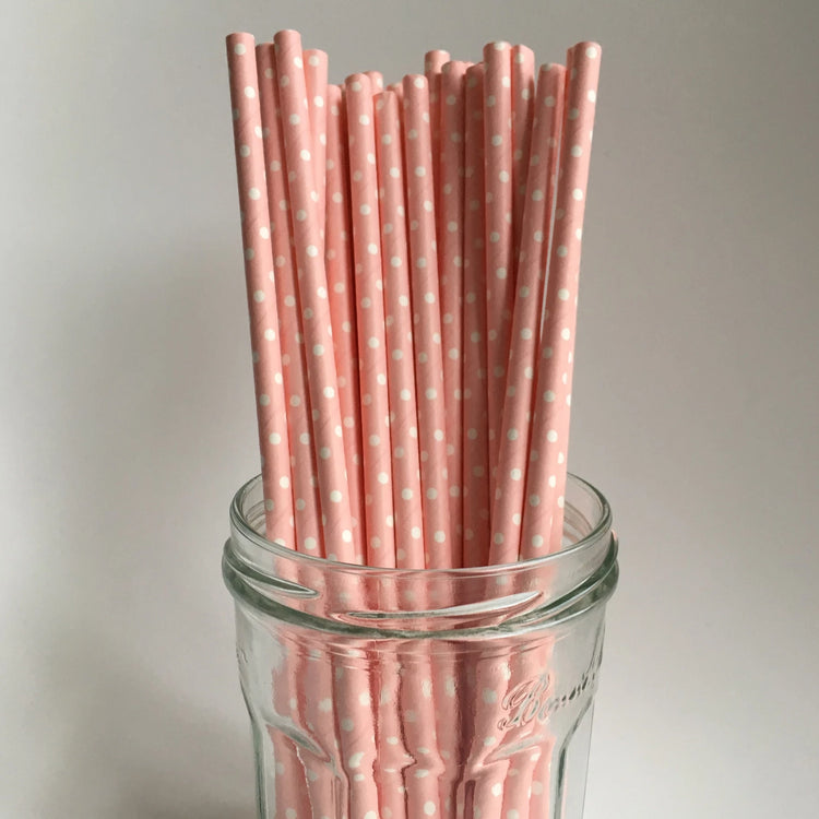 Papieren rietjes (25x) - Roze met kleine witte stippen - RietjesFabriek