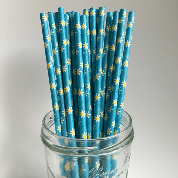 Papieren rietjes (25x) - Lichtblauw met bloemetjes - RietjesFabriek